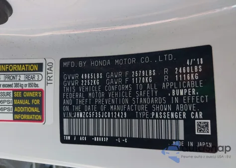 2018 Honda Clarity Plug-In Hybrid Touring from USA, damaged, VIN JHMZC5F35JC012429